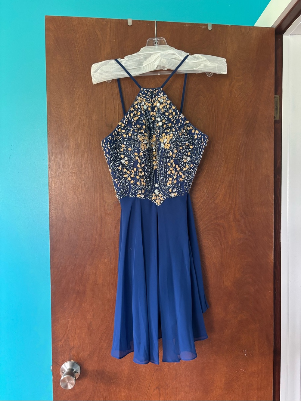 Dave & Johnny Royal Blue Beaded Halter Prom/Homecoming/Dance Dress
